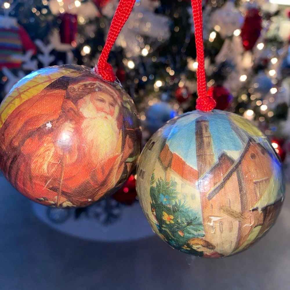 Vintage Decoupage Paper Mache Christmas Ornaments Set‎ Of 2